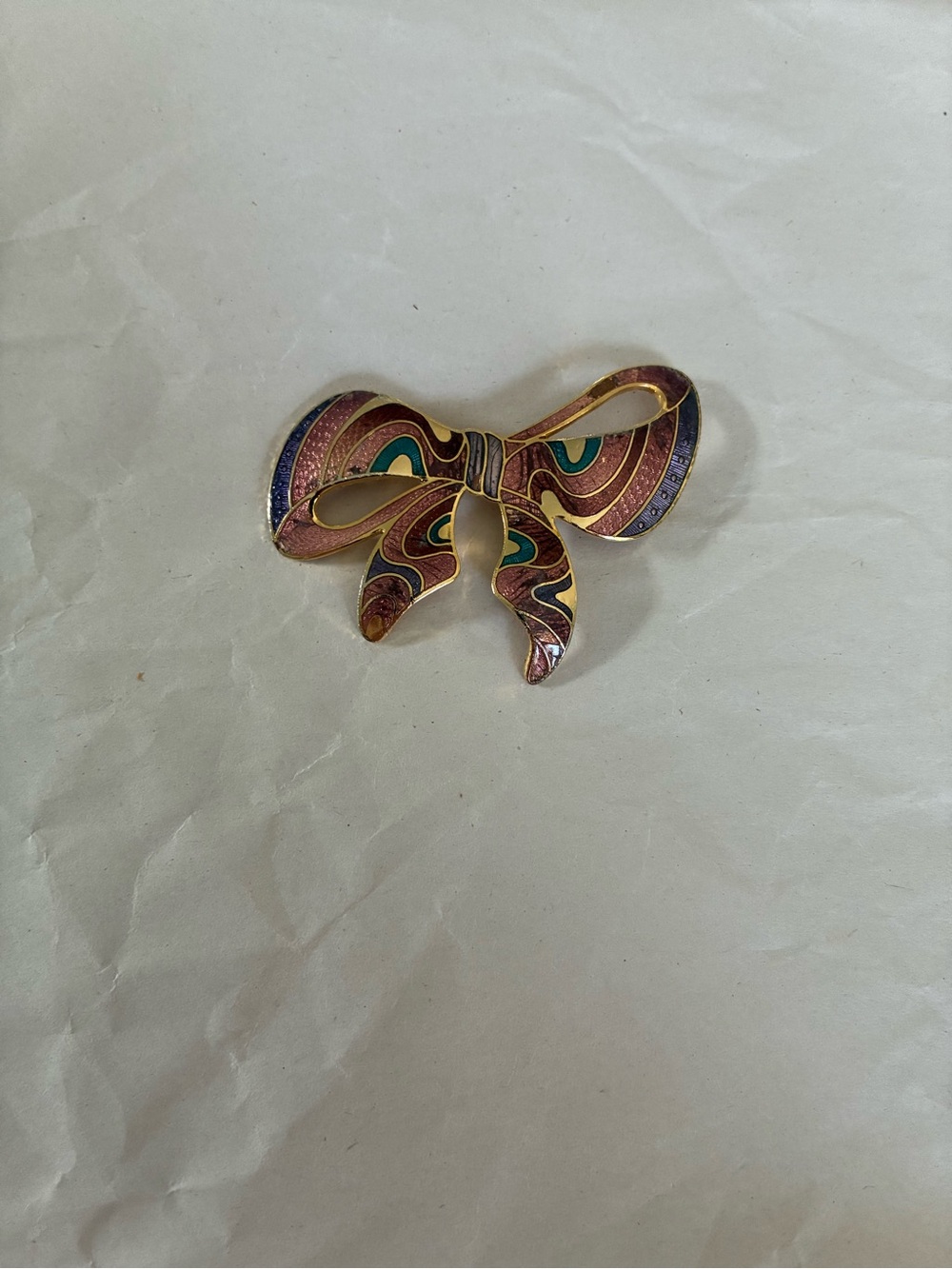 Gold-Tone Multicolor Enamel Bow Brooch - Pink, Teal & Purple Accent